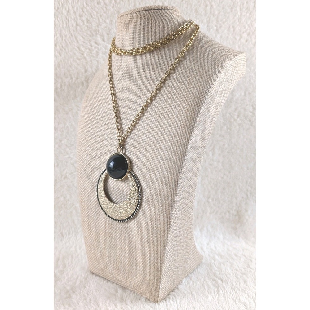 Erica Lyons Gold Statement Necklace Textured Crescent Pendant Black Bead Long